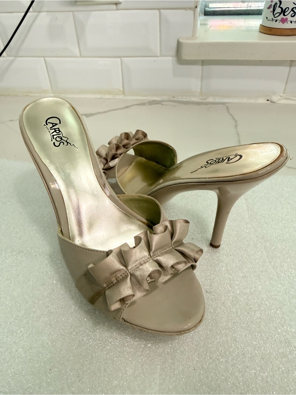 Y2K Carlos by Carlos Santana Taupe Ruffle Open-Toe Mule Heels